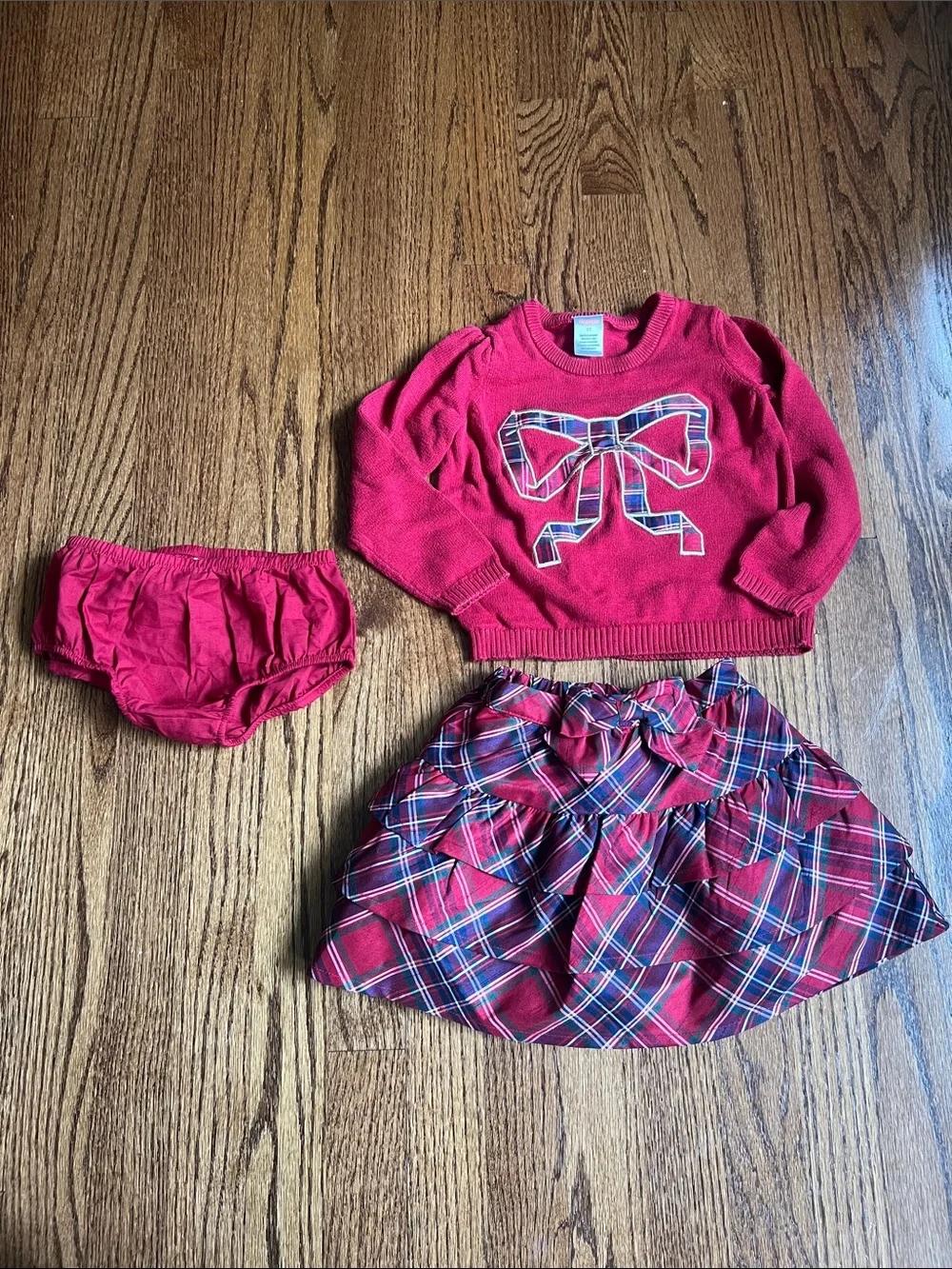 Girls Red Plaid Skirt and Red Sweater Set